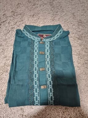 Men's Indian Linen Embroidered Work Kurta Ethnic Pakistani Wear Chest 44 XL